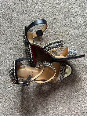 Christian Louboutin Montezumina Black Studded Leopard-Print High Heel Sandals